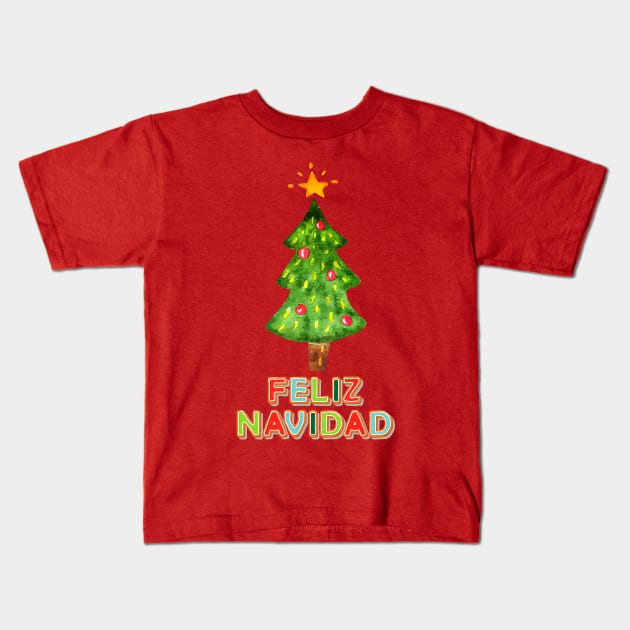Painted Holiday Tree and Sugar Cookies Feliz Navidad Kids T-Shirt by Dibble Dabble Designs
